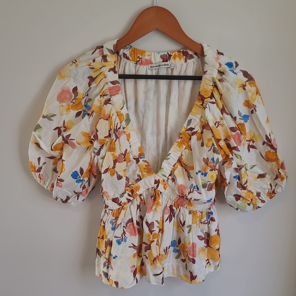 Abercrombie & Fitch Puff Sleeve Blouse with Plunging Neckline